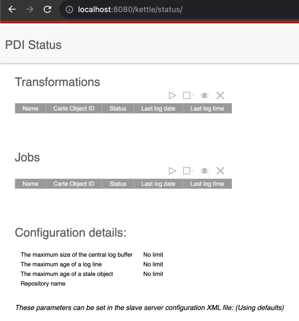 Sample Pentaho Carte UI view
