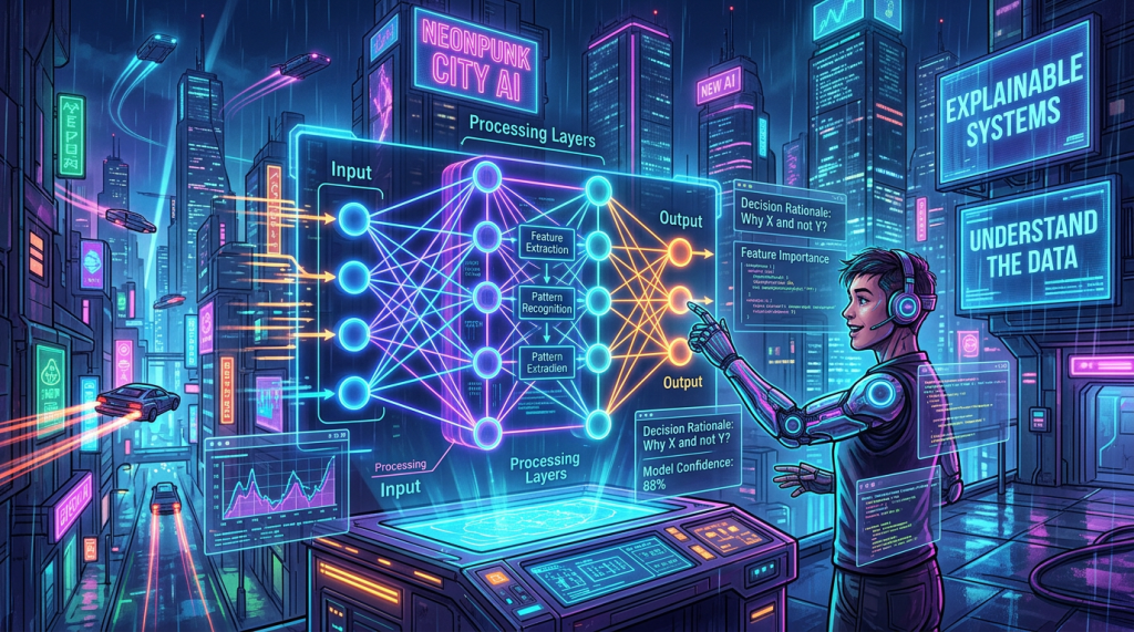 Futuristic neural network diagram with AI processing layers and decision rationale in neonpunk city